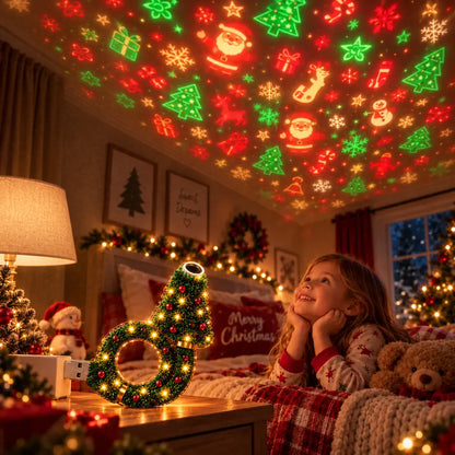 Christmas Projector Light – USB Powered Holiday Night Light with 6+ Patterns, Flexible Tree Lamp for Bedroom & Ceiling Decor